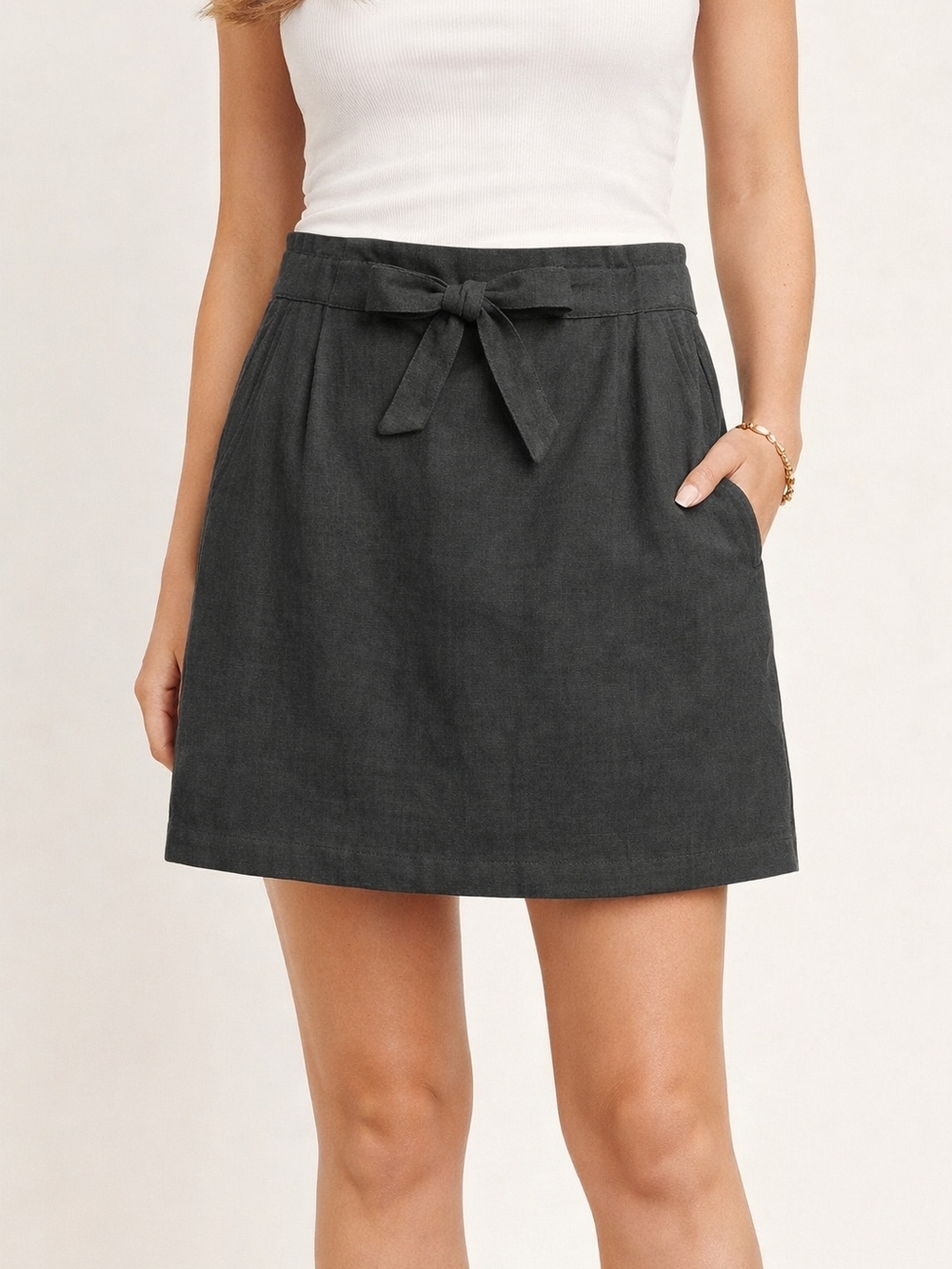 Dynamite Black Tie-Waist A-Line Linen Skirt Tie Front Linec Sized Large